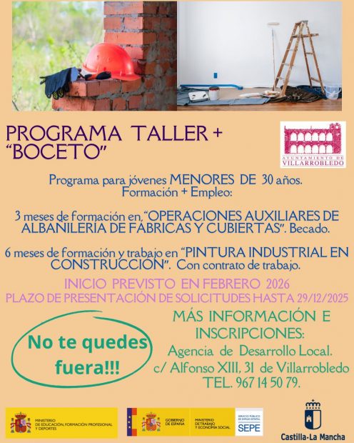 Menores de 30 años. Programa de formación y empleo Taller + «Boceto». Ayuntamiento de Villarrobledo.