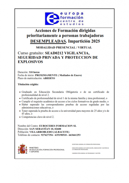 CURSO GRATUITO «VIGILANCIA, SEGURIDAD PRIVADA Y PROTECCIÓN DE EXPLOSIVOS»