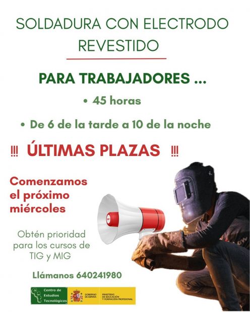 Curso para trabajadores/as en activo: «Soldadura con electrodo revestido». Tomelloso (Ciudad Real).