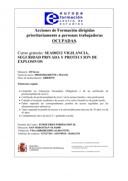 Curso: «VIGILANCIA,SEGURIDAD PRIVADA Y PROTECCION DE EXPLOSIVOS»