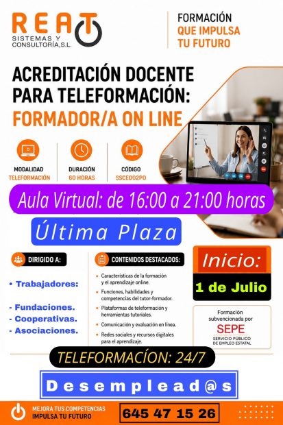¡Última plaza disponible! Curso «Acreditación docente para teleformación: formador/a on-line». Aula virtual.
